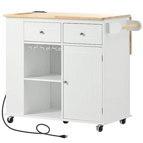 Zeus & Ruta White Kitchen Island with Power Outlet Outdoor Grill Cart Open Storage and Wine Rack 5 Wheels, Adjustable Storage