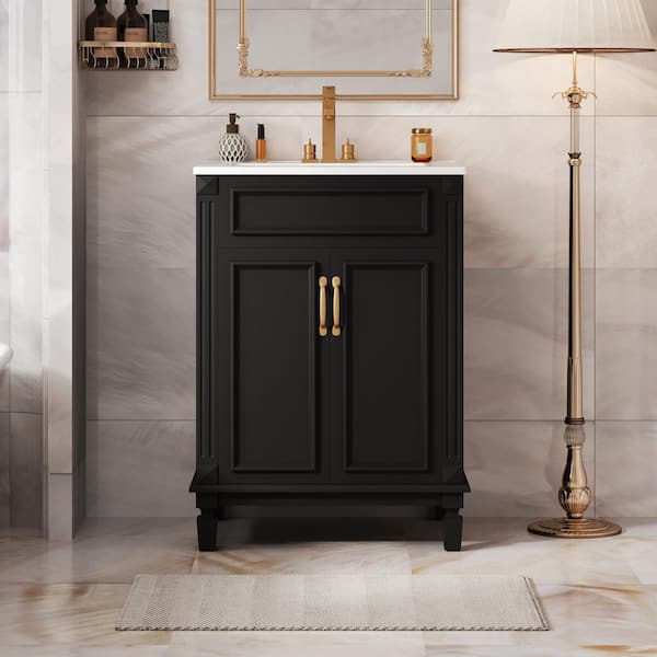 FAMYYT 24 in. W Freestanding Black Solid Wood Frame Bath Vanity Cabinet with White Ceramic Top, Adjustable Shelf