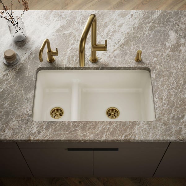 Iron/Tones Smart Divide Undermount Cast-Iron 33 in. Double Bowl Kitchen Sink in Biscuit