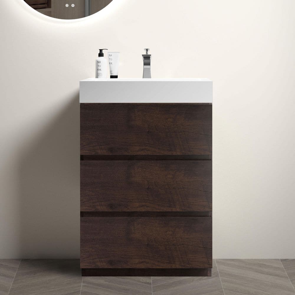 24 in. Single Sink Freestanding Walnut Bath Vanity with White Engineered Stone Top (Assembled), 3 Soft-closing Drawer price history on PriceWatchPro