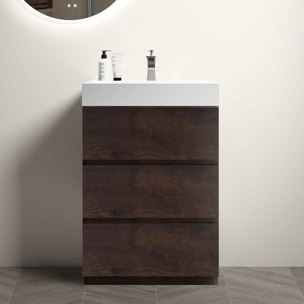 24 in. Single Sink Freestanding Walnut Bath Vanity with White Engineered Stone Top (Assembled), 3 Soft-closing Drawer