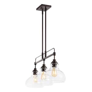 Marlowe 32.5 in. 3-Light Oil Rubbed Bronze/Clear Farmhouse Industrial Iron/Glass Linear LED Schoolhouse Pendant
