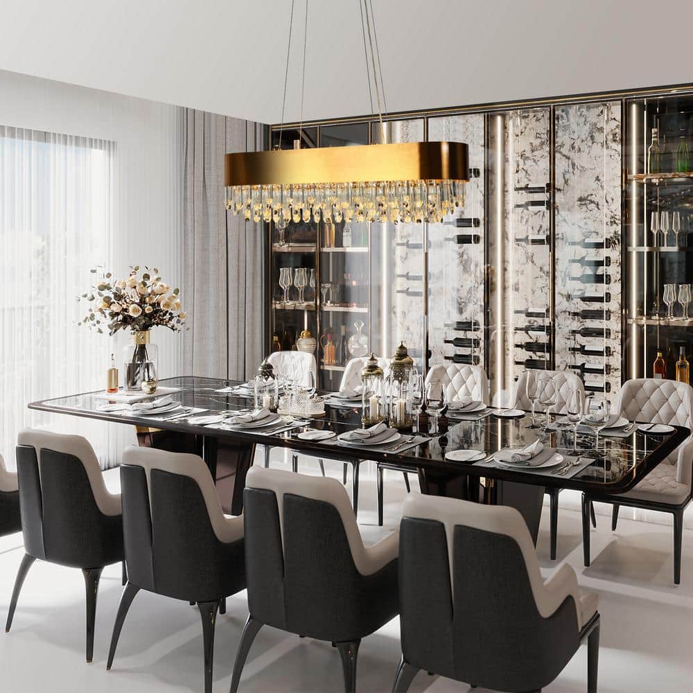 Elegant Brass and Crystal 10-Light Rectangular Chandelier