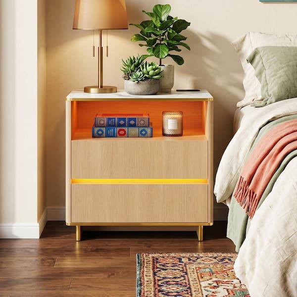 Yellow Wood Grain 2-Drawer 31.5 in. W Rectangular End Table, Nightstand Side Table with Open Shelf Marble Top and Socket