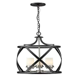 3-Light Matte Black and Brushed Nickel Pendant with White Glass Shade