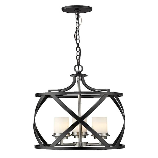 Unbranded 3-Light Matte Black and Brushed Nickel Pendant with White Glass Shade