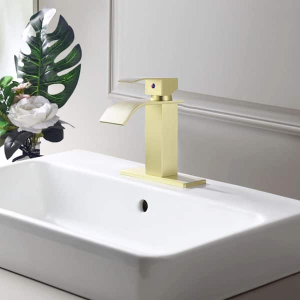 Waterfall Single-Handle Single Hole Low-Arc Bathroom Faucet Bathroom Drip-Free Vanity Sink Faucet in Brushed Gold