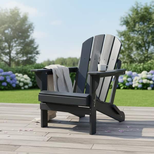 Black HDPE Folding Adirondack Chair with Dual Cup Holders, 380LB