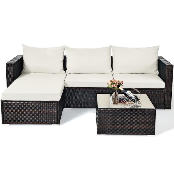 Costway Outdoor 5-Piece Metal Wicker Outdoor Sectional Set with Off White Cushion