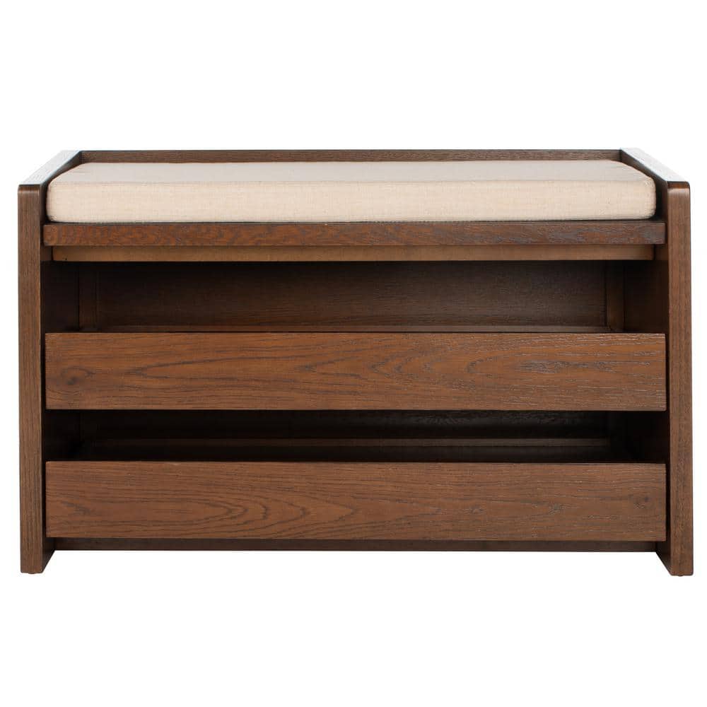 Percy 34 in. Walnut/Beige Linen Storage Bench