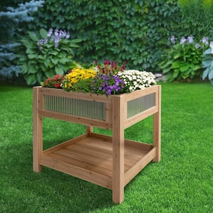 Contemporary 3 ft. x 3 ft. Corrugated Metal and Cedar Elevated Garden Planter with Shelf (Tool Free)