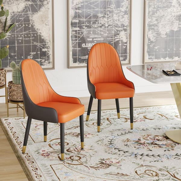 Magic Home Set of 2 Ergonomic PU Leather Dining Chair Morden Desk Chair with Solid Wood Metal Legs and Backrest, Orange