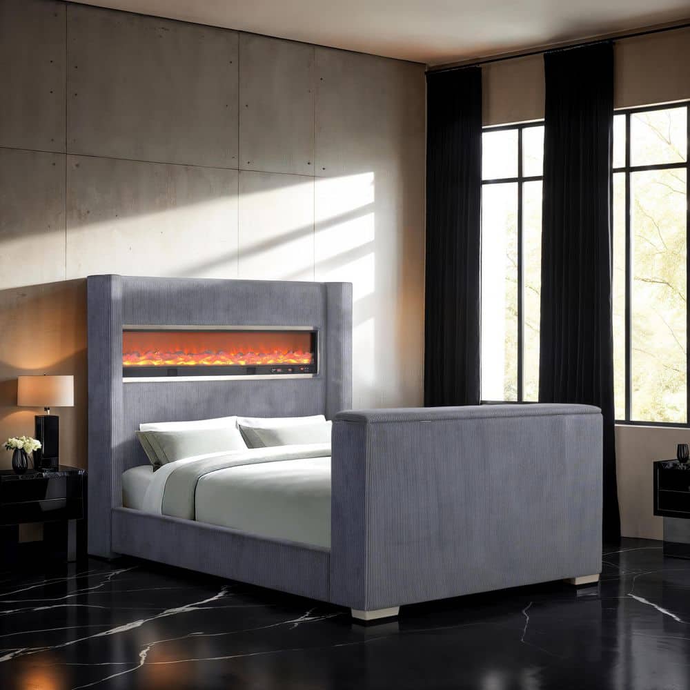 Stelly Gray Metal Frame Upholstered King Panel Bed with Fireplace Simulator And Footboard TV Lift