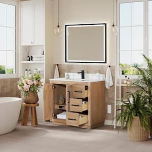 Floral 36 in. W x 22 in. D x 33 in. H Single Sink Bath Vanity in Ligth Brown with White Quartz Countertop and Mirror