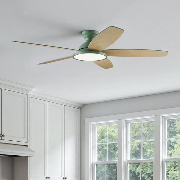 52 in. Green Low Profile Flush Mount Modern Standard Ceiling Fan with 3CCT Integrated LED Light and Remote