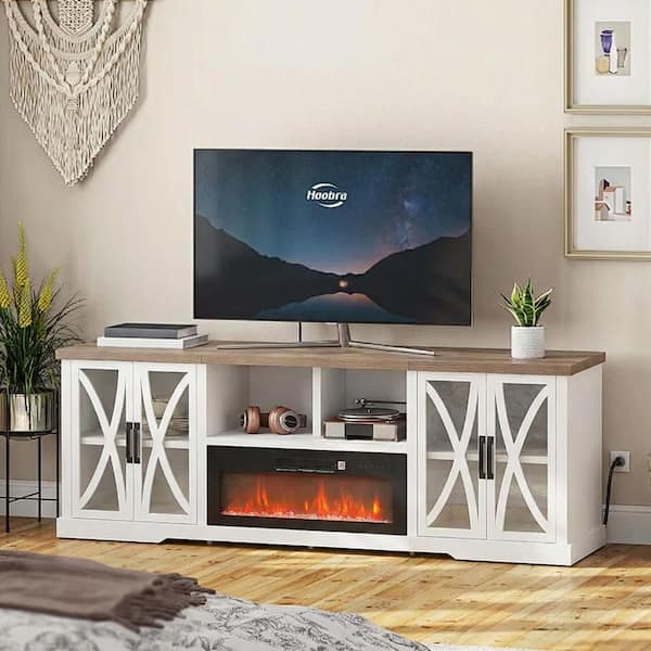 93 in. White Freestanding Fireplace TV Stand Fits Up to 98 in. with Ample Storage