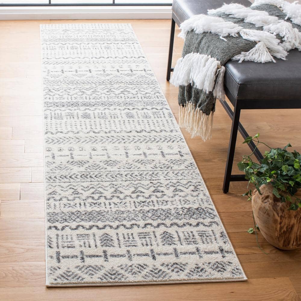 Ivory and Gray Geometric Hand-knotted Runner Rug