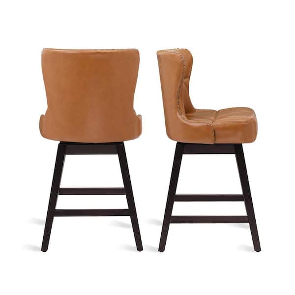 Zola 26 in. Whiskey Brown Wood Frame Faux Leather Upholstered Swivel Bar Stool (Set of 3)