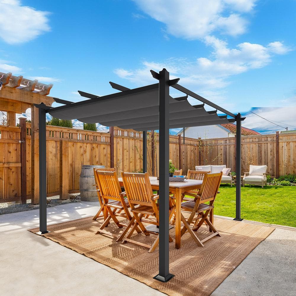 10 ft. x 10 ft. Gray Metal Patio Pergola with Retractable Canopy