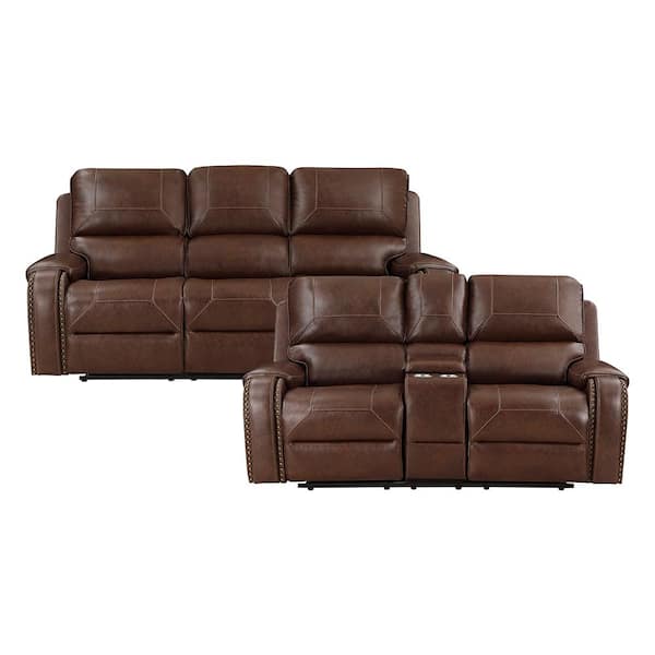 Logansport 87 in. W Pillow Top Arm Faux Leather Rectangle 2-Piece Manual Reclining Sofa Set in Brown