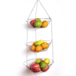 3-Tier Chrome Plated Iron Wire Hanging Basket Kitchen Accessory Storage Organizer, 11.8 Diam. x 31.5 in H Hanging Size