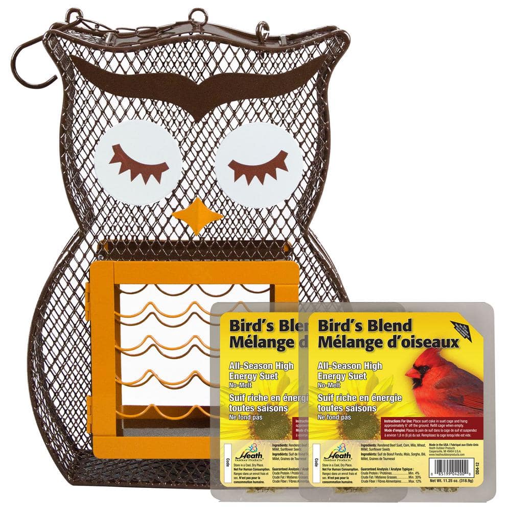 Whimsical Owl Brown Metal Hanging Suet Cage with Hook