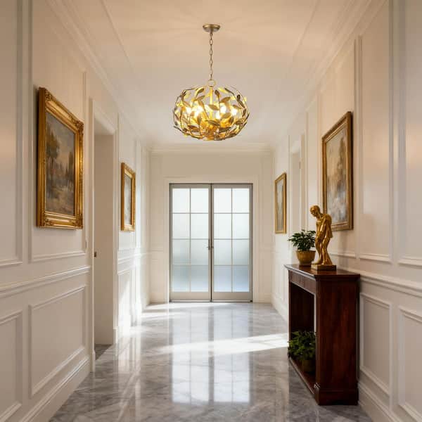 6 Light Gold Chandelier with Layers of Leaves Shade, for Living Room, Dining Room, Foyer, Kitchen