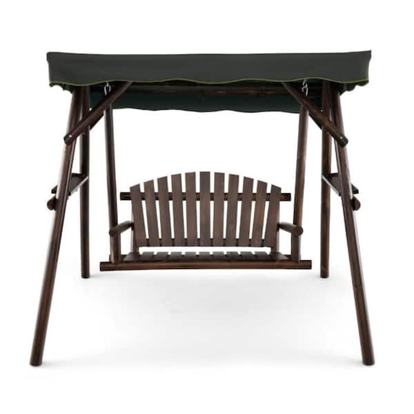 2-Person Natural Wood Patio Swing Chair with Adjustable Canopy