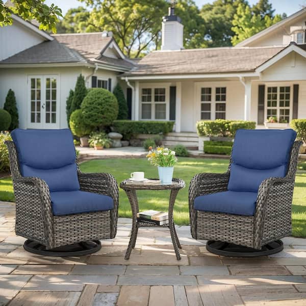 Pocassy Crescent Moon Gray 3-Piece Wicker Patio Conversation Deep Seating Set with Blue Cushions
