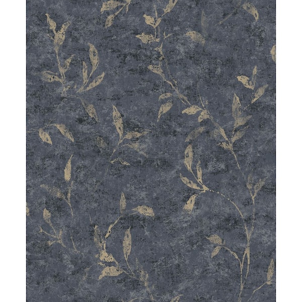 Elegance Collection Blue Leaf Impression Metallic Finish Non-Pasted Non-Woven Wallpaper Roll