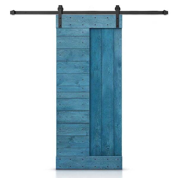 CALHOME 30 in. x 84 in. Ocean Blue Stained DIY Knotty Pine Wood Interior Sliding Barn Door with Hardware Kit
