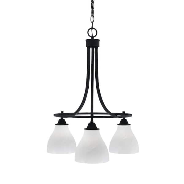 Unbranded Madison 3-Light Matte Black Round Chandelier with 6.25 in. White Marble Glass Shades, No bulbs included