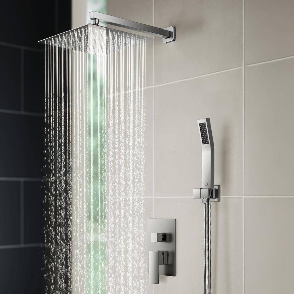 Shower System Wall Mounted with 10 in. Square Rainfall Shower head and Handheld Shower Head Set, Brushed Nickel Shower System Wall Mounted with 10 in. Square Rainfall Shower head and Handheld Shower Head Set, Brushed Nickel