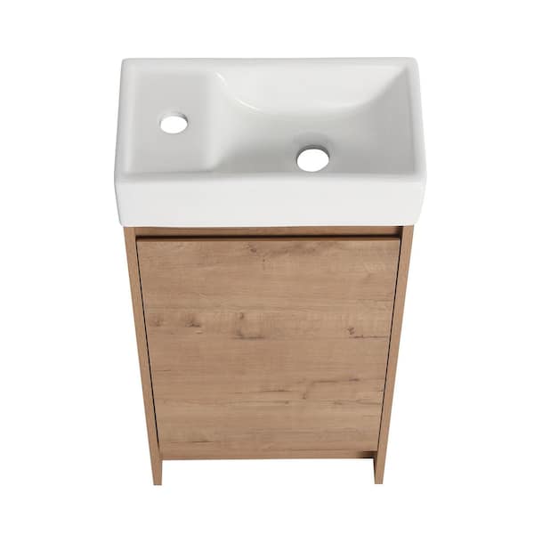 16 in. Freestanding Single Oak Bath Vanity with White Ceramic Vanity Top Assembled