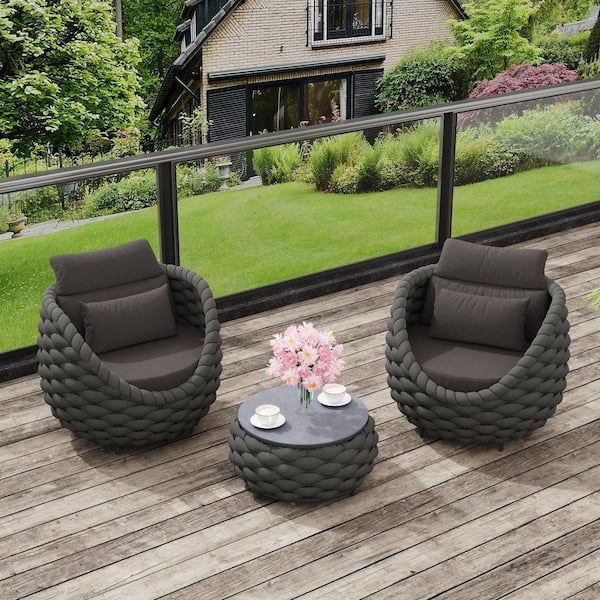 Black Aluminum Frame 3-piece Woven Rope Patio Conversation Set with Coffee Table and Dark Gray Cushions