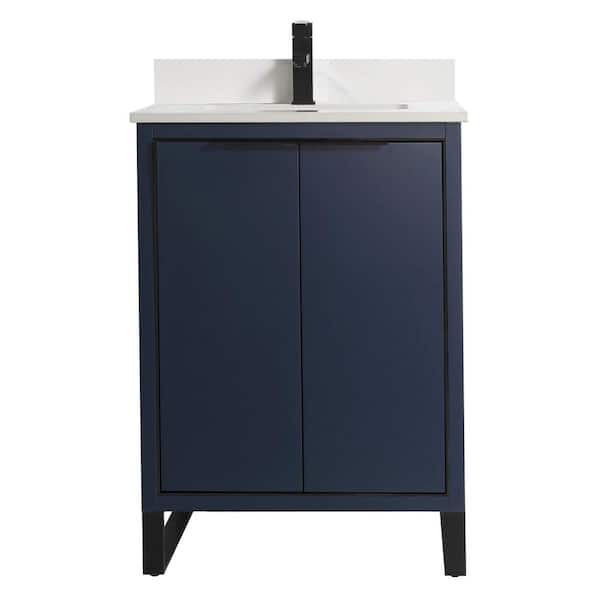FINE FIXTURES Opulence 24 in. W x 18 in. D x 33.5 in H. Bath Vanity in Navy Blue with White Carrara Single Sink Stone Top