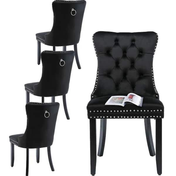 WONDER COMFORT Modern Black Velvet Dining Chairs Set of 4, Tufted Upholstered Wing Back Chairs with Back Ring Pull, Nailhead Trim