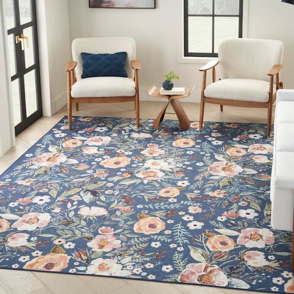 Washables Navy Multicolor 4 ft. x 6 ft. Botanical Traditional Area Rug