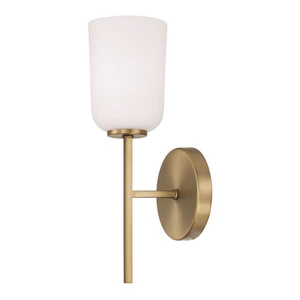 HOMEPLACE LIGHTING Lawson 5 in. 1-Light Sconce in Aged Brass with Soft White Glass