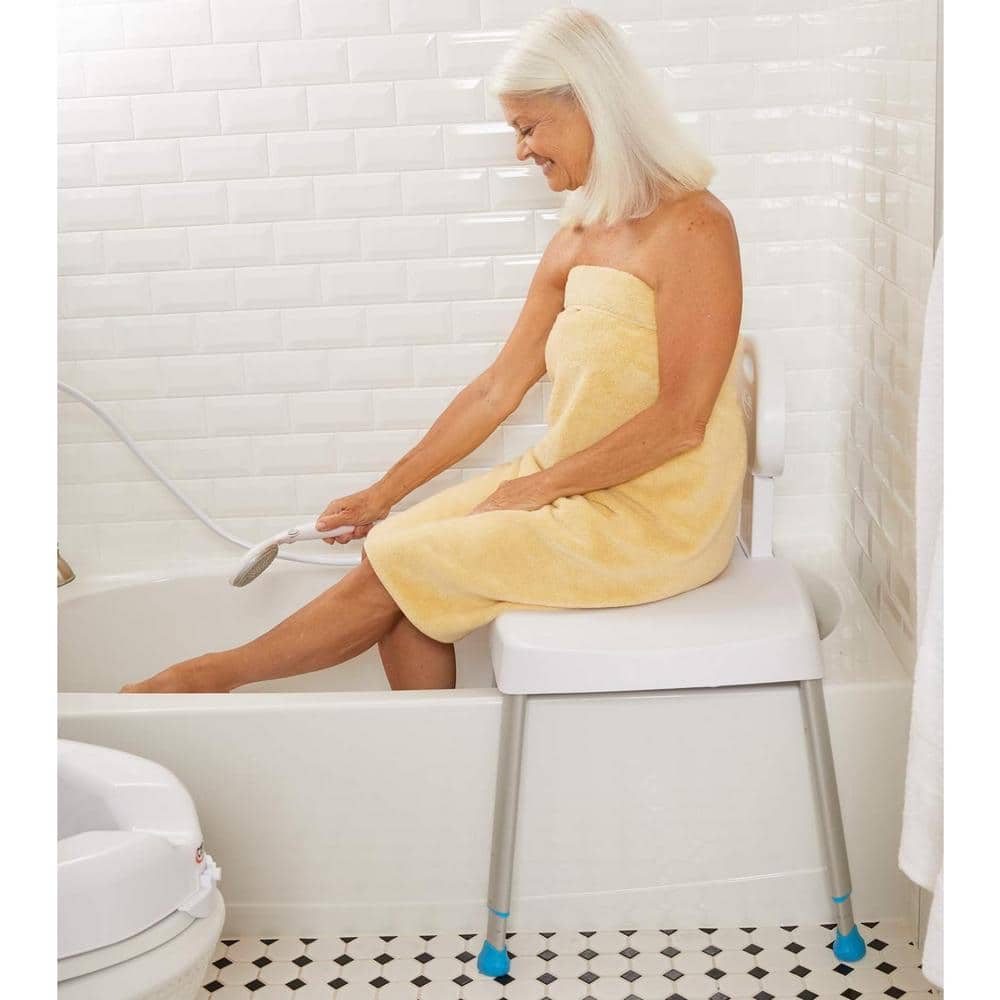 Adjustable White and Blue Plastic Shower Transfer Bench
