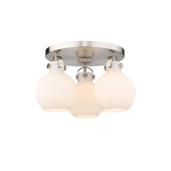 Newton Sphere 19.63 in. 3-Light Satin Nickel Industrial Flush Mount with Seeded Glass Shade