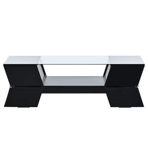 Black Geometric Style Glass-Top Coffee Table with Open Shelves and Cabinets