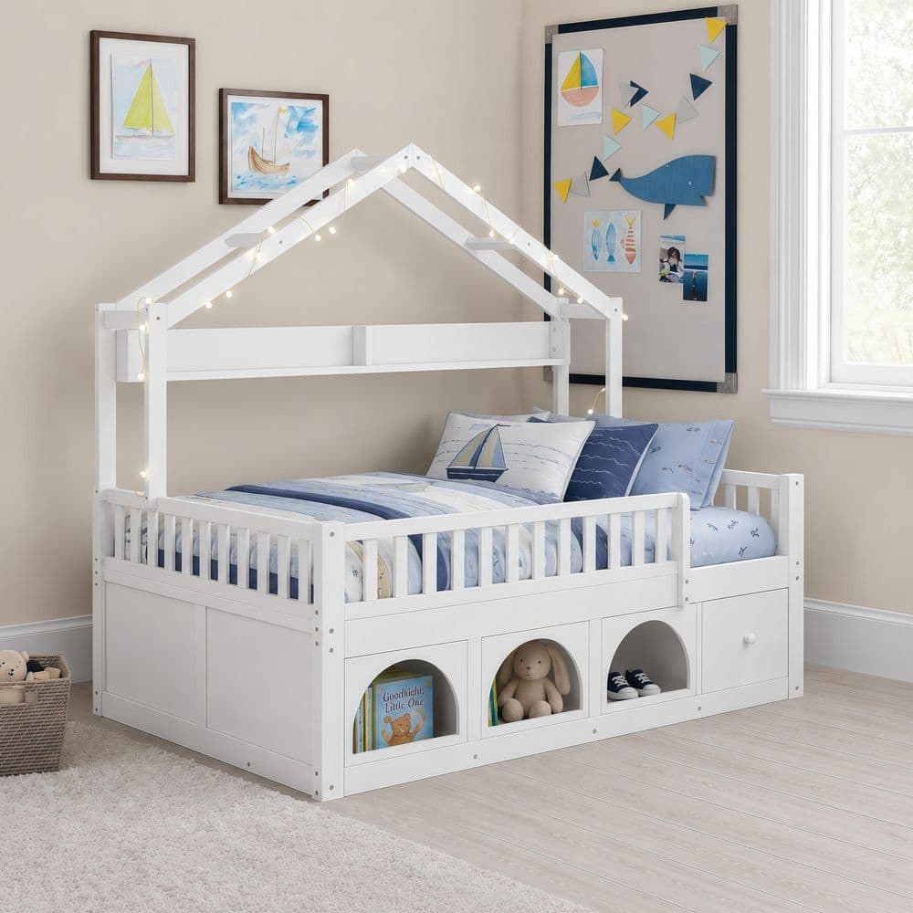 Montessori House Bed with LED Lights White Wood Frame Full Kids Platform Bed with Storage Cubbies, Drawers price history on PriceWatchPro