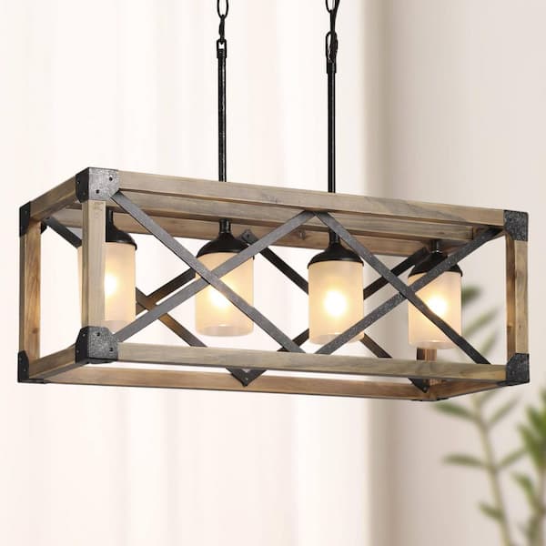 Farmhouse Dining Room Chandelier 4-Light Brown Wood Kitchen Island Pendant with White Frosted Glass Raw Iron Accents