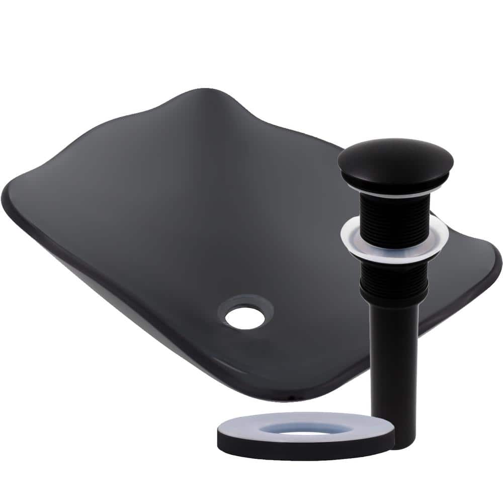 Rettangolare Clear Gray Glass Rectangle Vessel Sink with Drain in Matte Black