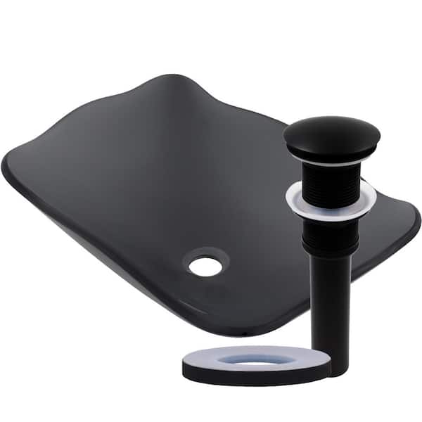 Novatto Rettangolare Clear Gray Glass Rectangle Vessel Sink with Drain in Matte Black
