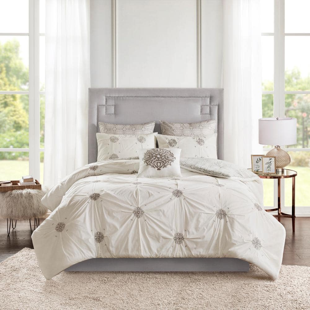 Gray Cotton Reversible King Embroidered Comforter Set