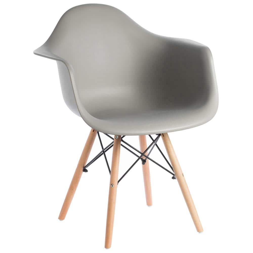 Fabulaxe Mid-Century Modern Style Plastic DAW Shell Dining Arm Chair with Wooden Dowel Eiffel Legs, Gray