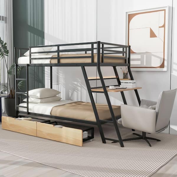 Harper & Bright Designs Black Twin Size Metal Bunk Bed with Light, Built-in Desk and 2-Drawer