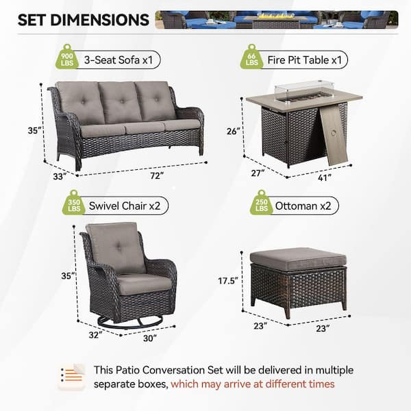 6-Piece Brown Wicker Fire Pit Conversation Set with Olefin Gray Cushions and Swivel Glider Rocking Chairs and Couch